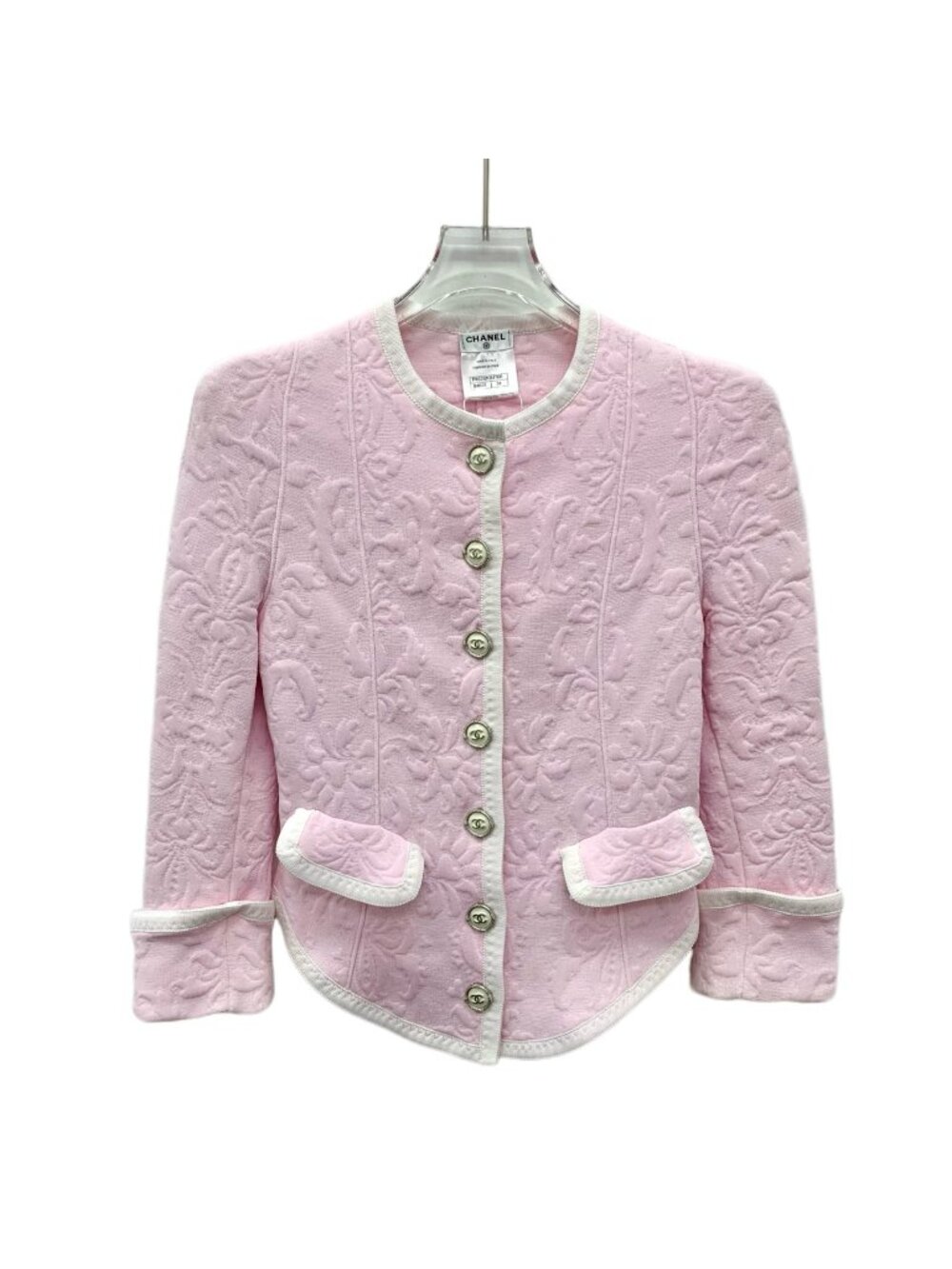 Chanel Pink Floral Embossed Crew Neck Jacket